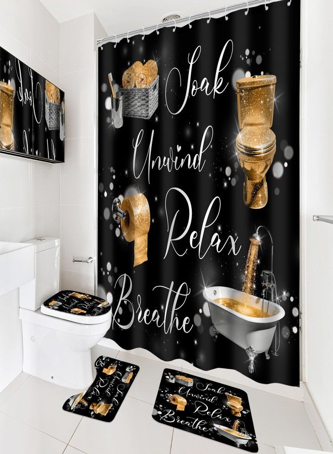 Cinbloo 4Pcs Gold Black Shower Curtain Set, Golden Funny Quotes Positive Inspirational Words Bathroom Curtain with Rug, Toilet Lid Cover, Bath Mat, Fashion Women Girls Shower Curtain with 12 Hooks - Image 4