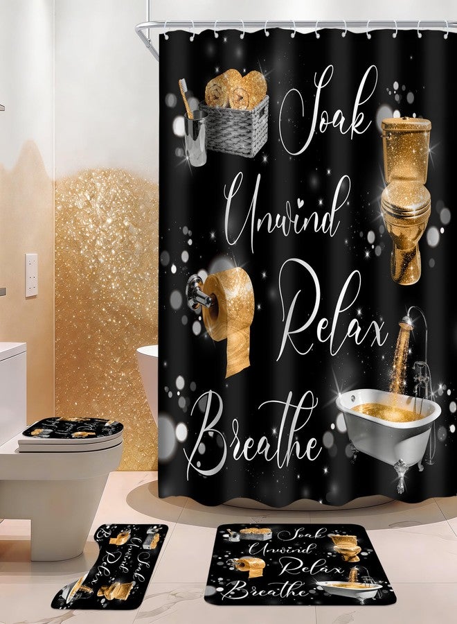 Cinbloo 4Pcs Gold Black Shower Curtain Set, Golden Funny Quotes Positive Inspirational Words Bathroom Curtain with Rug, Toilet Lid Cover, Bath Mat, Fashion Women Girls Shower Curtain with 12 Hooks - Image 1