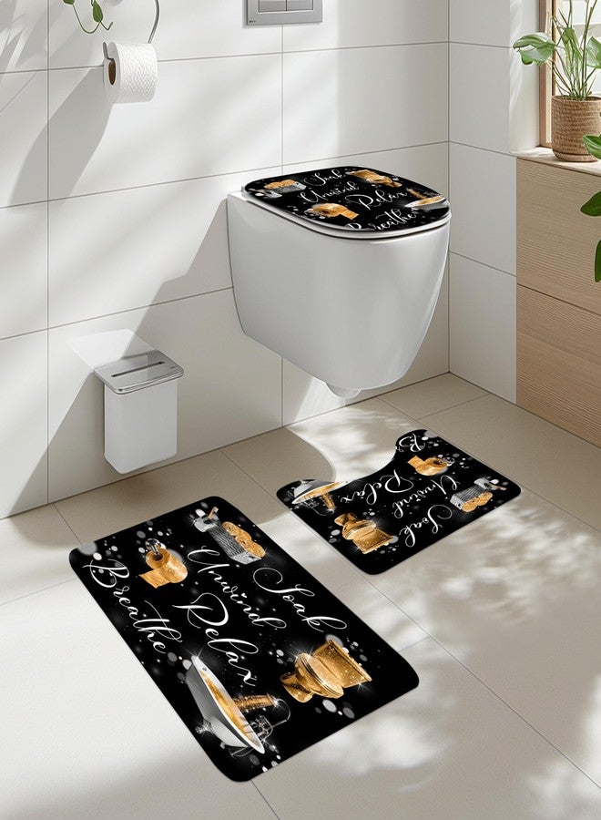 Cinbloo 4Pcs Gold Black Shower Curtain Set, Golden Funny Quotes Positive Inspirational Words Bathroom Curtain with Rug, Toilet Lid Cover, Bath Mat, Fashion Women Girls Shower Curtain with 12 Hooks - Image 2