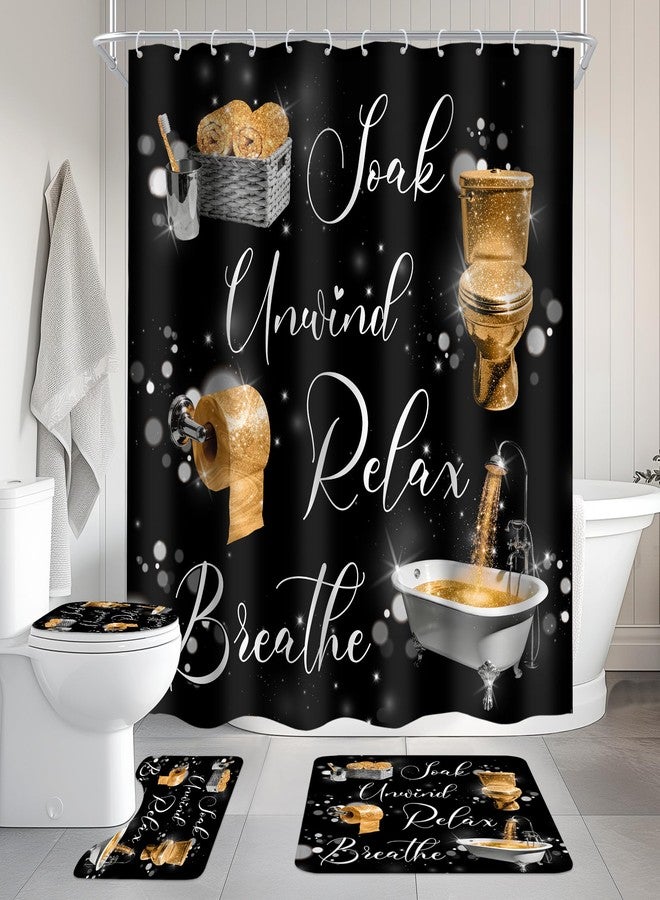 Cinbloo 4Pcs Gold Black Shower Curtain Set, Golden Funny Quotes Positive Inspirational Words Bathroom Curtain with Rug, Toilet Lid Cover, Bath Mat, Fashion Women Girls Shower Curtain with 12 Hooks - Image 3