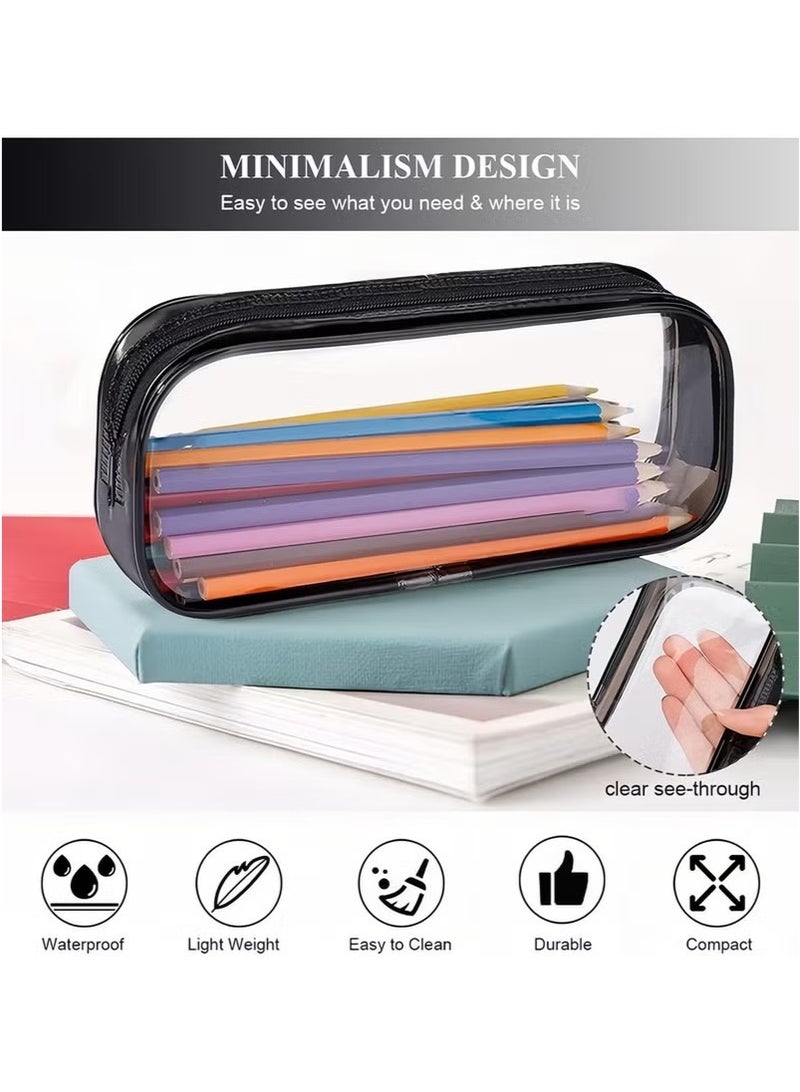 حافظة أقلام رصاص من قطعتين، حقيبة أقلام رصاص شفافة، حقيبة حامل أقلام رصاص من البولي فينيل كلوريد بسحاب، حافظات أدوات مكتبية شفافة (أبيض/أسود) - Image 4