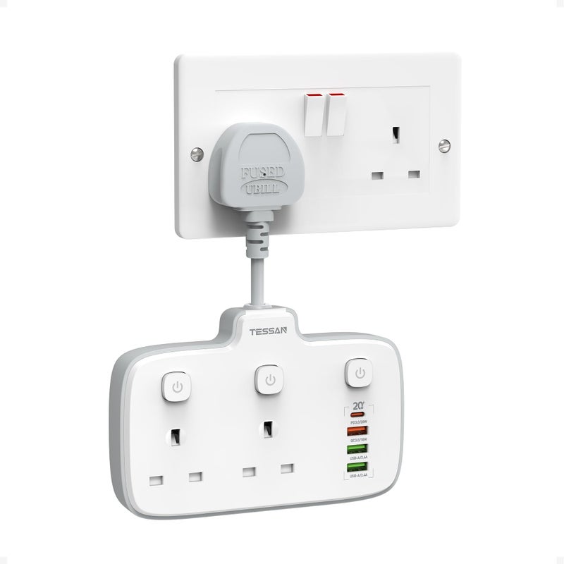TESSAN Double Plug Adapter UK with PD 20W USB C (4USB Ports) - Image 1