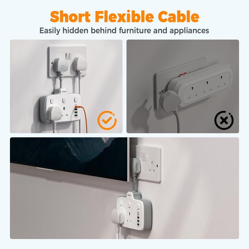 TESSAN Double Plug Adapter UK with PD 20W USB C (4USB Ports) - Image 4