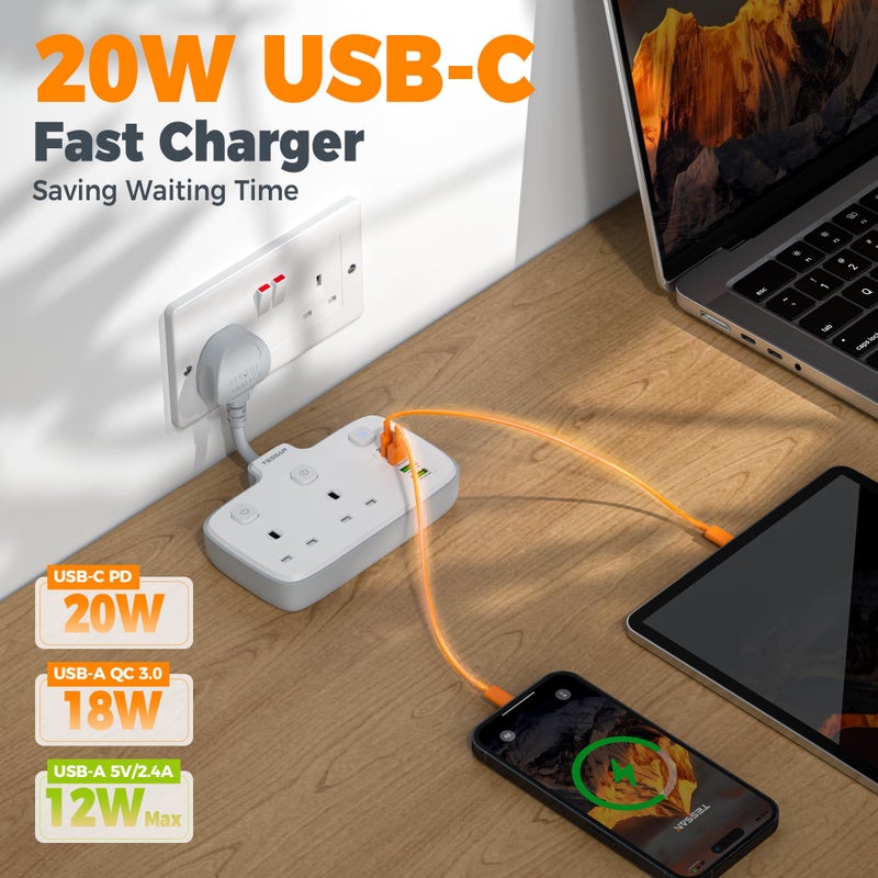 TESSAN Double Plug Adapter UK with PD 20W USB C (4USB Ports) - Image 3