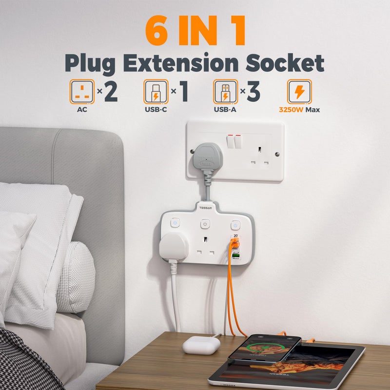 TESSAN Double Plug Adapter UK with PD 20W USB C (4USB Ports) - Image 2