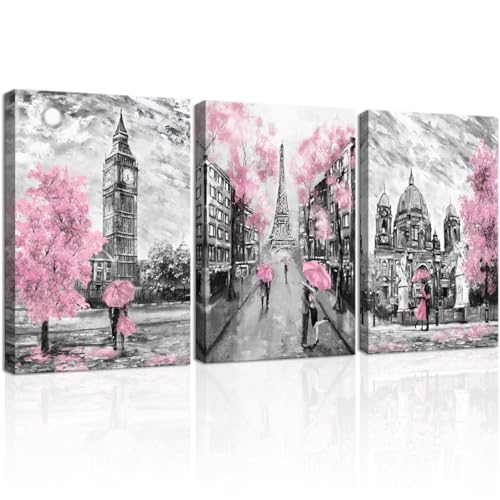 CANVASZON Black and White Canvas Wall Art for Living Room Bedroom Bathroom Girls Pink Paris Theme Room Decor Oil Painting Print London Big Ben Tower Eiffel Painting for Wall Decor Pink - Image 1