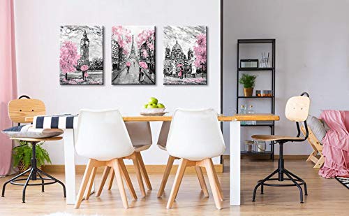 CANVASZON Black and White Canvas Wall Art for Living Room Bedroom Bathroom Girls Pink Paris Theme Room Decor Oil Painting Print London Big Ben Tower Eiffel Painting for Wall Decor Pink - Image 3