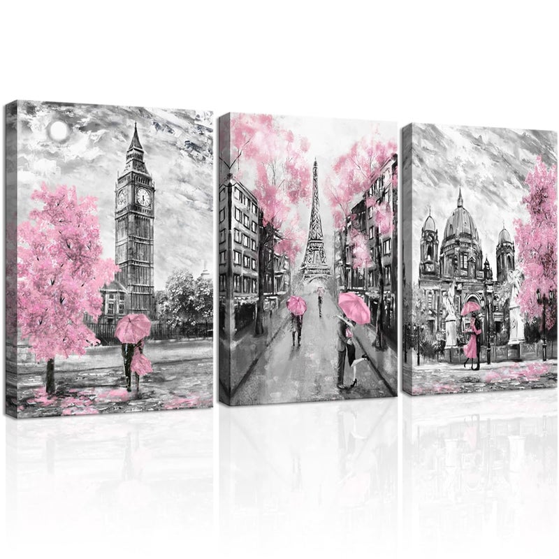 CANVASZON Black and White Canvas Wall Art for Living Room Bedroom Bathroom Girls Pink Paris Theme Room Decor Oil Painting Print London Big Ben Tower Eiffel Painting for Wall Decor Pink - Image 2
