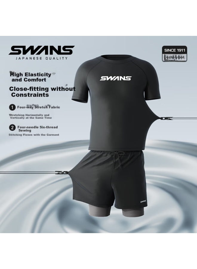 Speed Vision Swans Men's Short Sleeve Quick Dry Swimwear For Sports And Fitness, Large Size Diving And Surfing Equipment Set, Black 2XL - Image 1