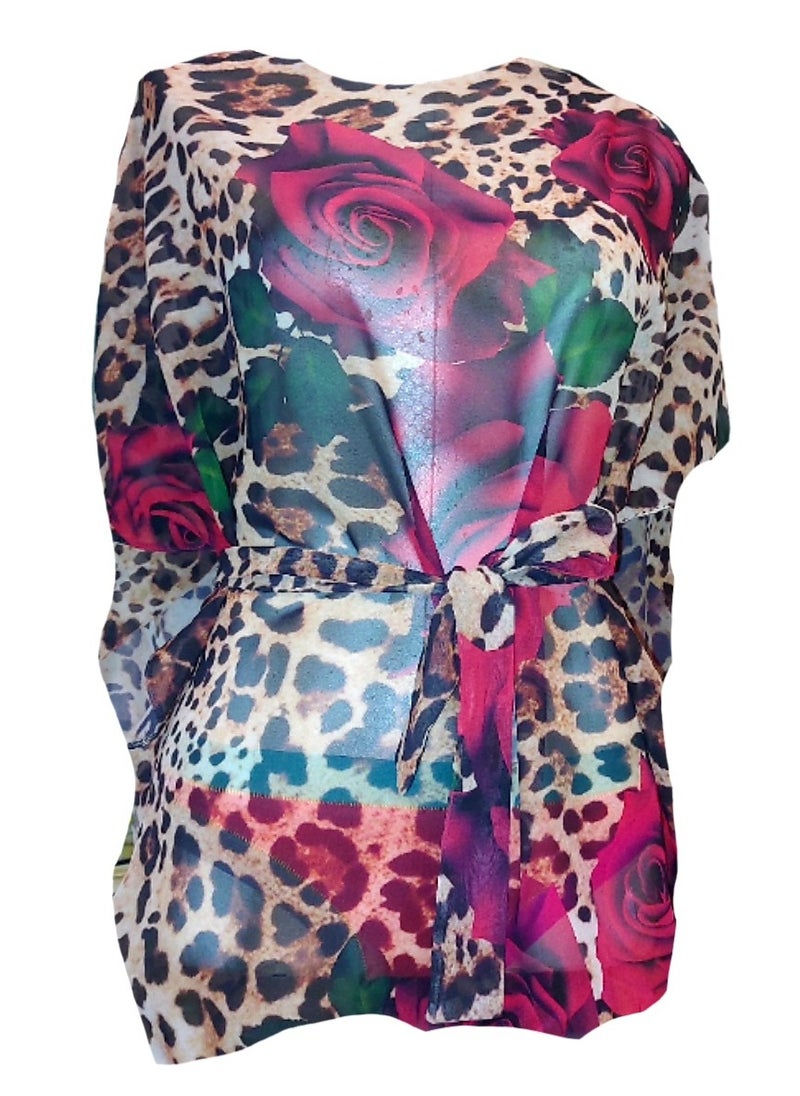 Generic - Women chiffon poncho blouse leopard with flower rose print with belt - Image 1