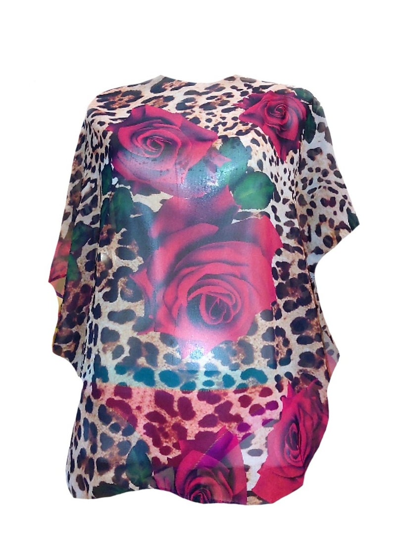 Generic - Women chiffon poncho blouse leopard with flower rose print with belt - Image 1