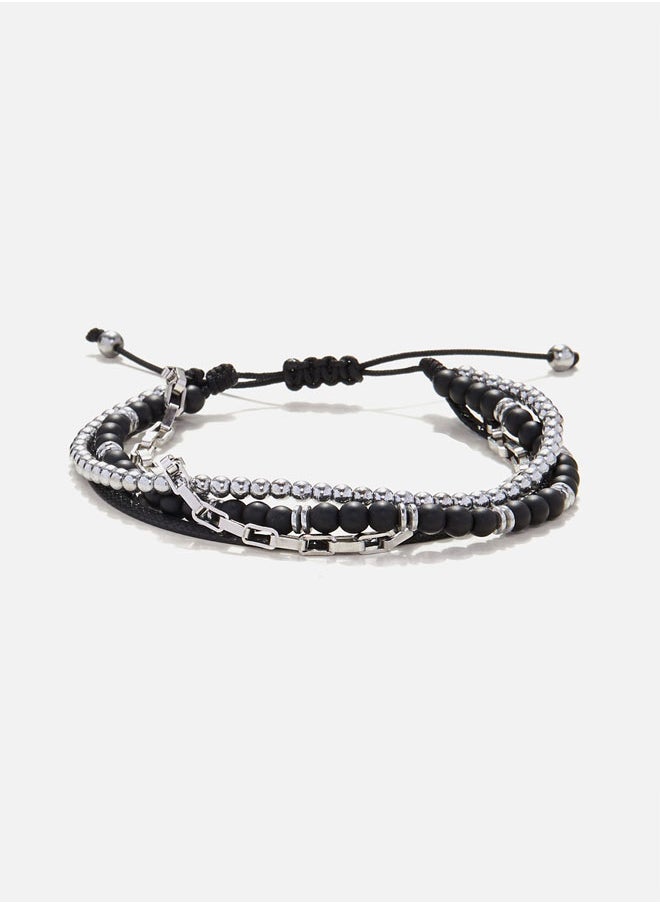 CHRYSOSTOMOS Handmade Adjustable Beaded Multi-Line Bracelet with Onyx, Grommet, Ball Hematite, Cord and Steel Chain, Macrame Adjustable Tying - Image 1