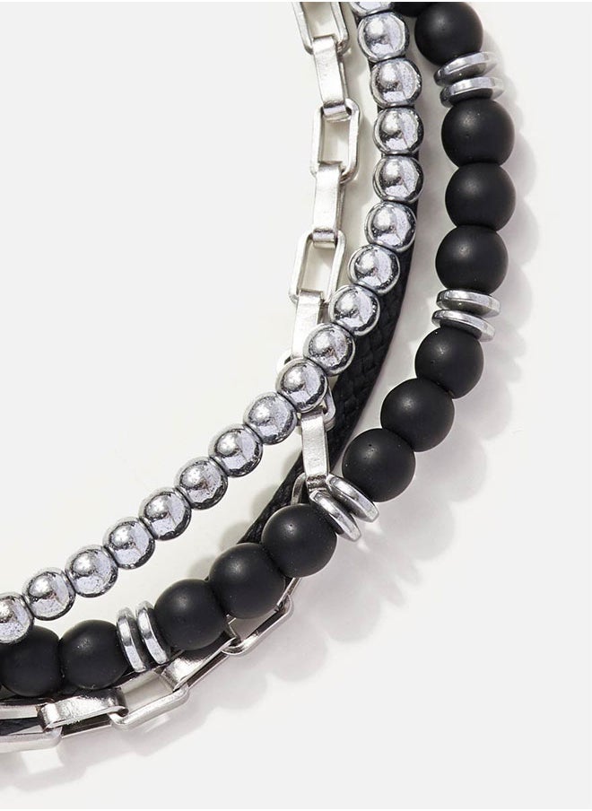CHRYSOSTOMOS Handmade Adjustable Beaded Multi-Line Bracelet with Onyx, Grommet, Ball Hematite, Cord and Steel Chain, Macrame Adjustable Tying - Image 2