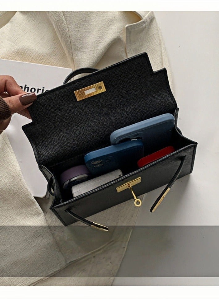 Chic Mini Black PU Leather Handbag – Elegant Gold Lock Design, 19cm  - Image 5