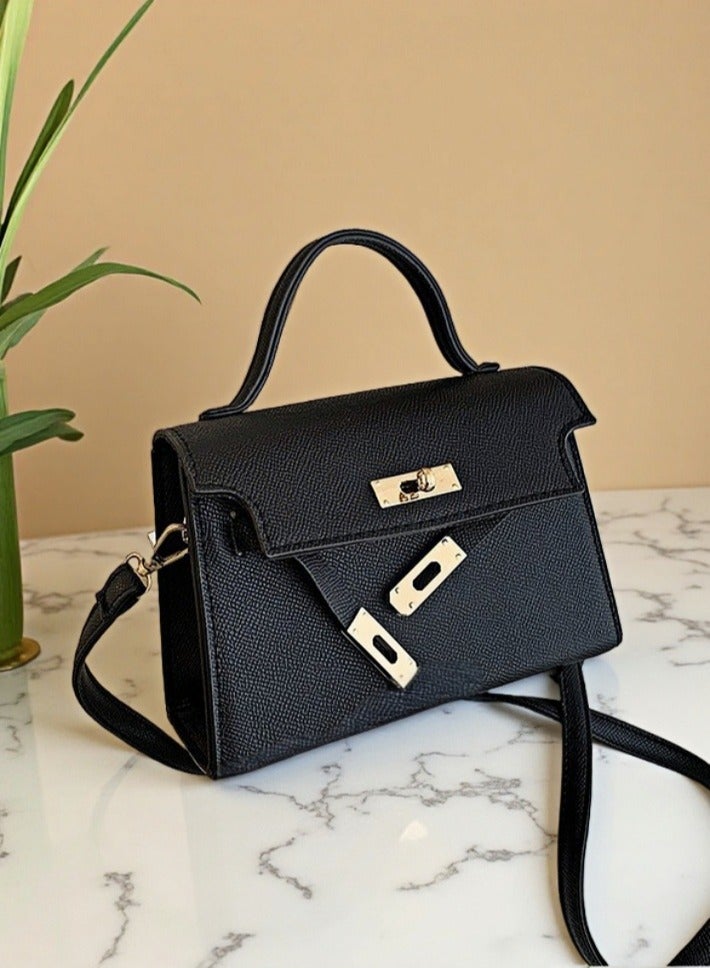 Chic Mini Black PU Leather Handbag – Elegant Gold Lock Design, 19cm  - Image 2