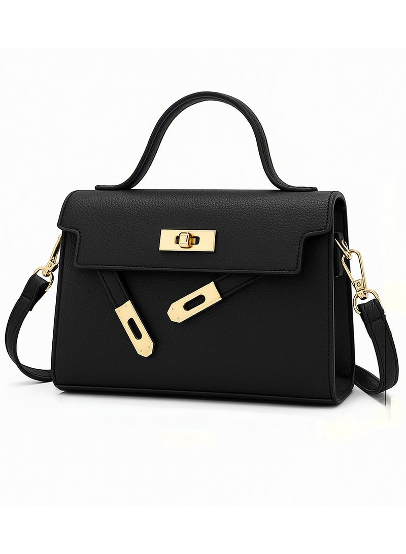 Chic Mini Black PU Leather Handbag – Elegant Gold Lock Design, 19cm  - Image 1