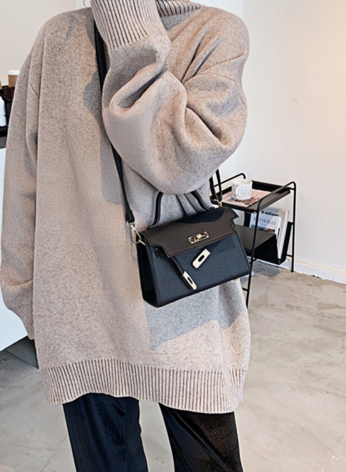 Chic Mini Black PU Leather Handbag – Elegant Gold Lock Design, 19cm  - Image 4