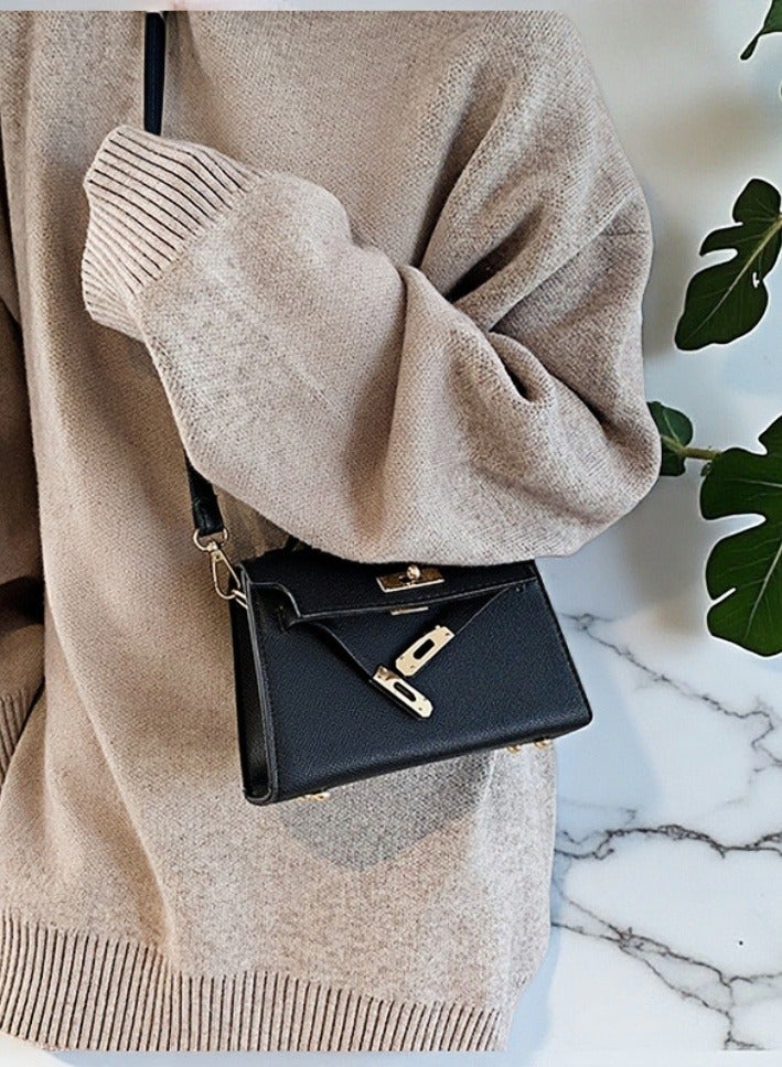 Chic Mini Black PU Leather Handbag – Elegant Gold Lock Design, 19cm  - Image 3