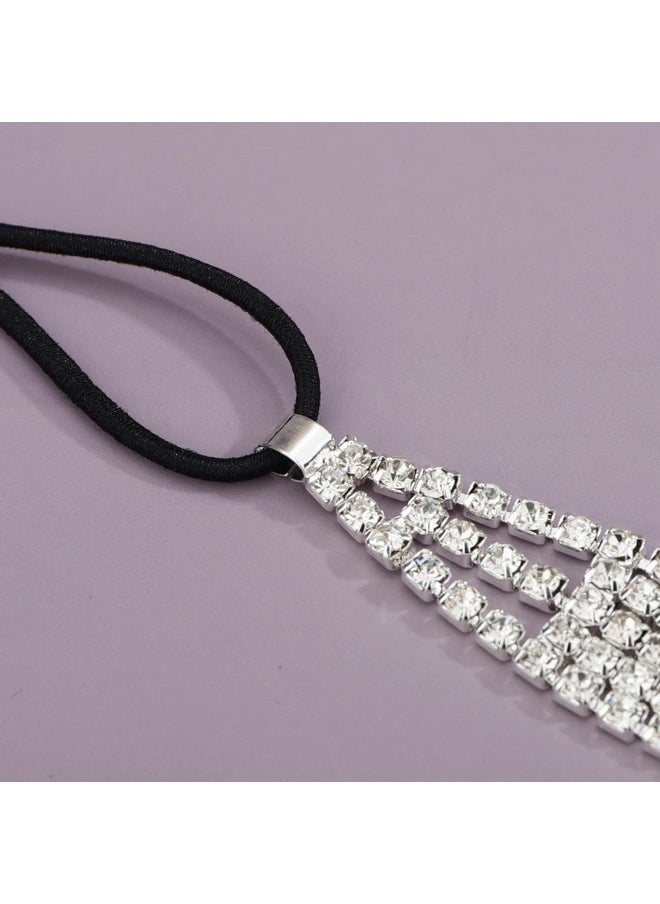 YERTTER Brides Silver Rhinestone Elastic Head Chain Tassel Head Accessories Jewelry Hair Chain Crystal Headband Headpiece Boho Hair Accessories For Women Brides Prom Costume(Silver 1)  - Image 5