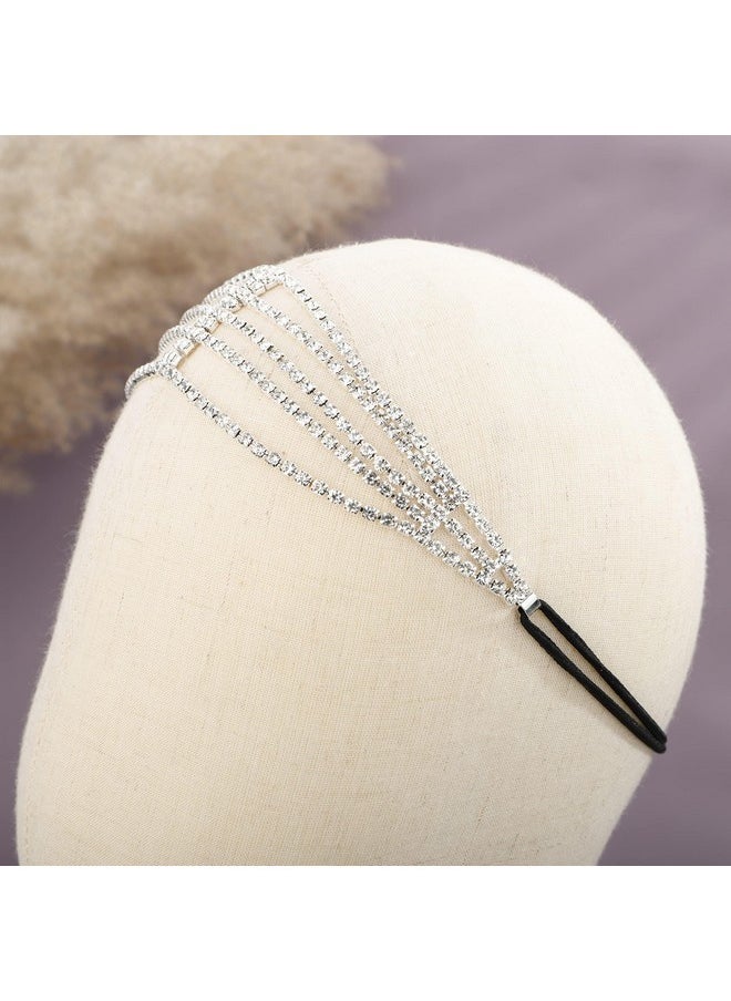 YERTTER Brides Silver Rhinestone Elastic Head Chain Tassel Head Accessories Jewelry Hair Chain Crystal Headband Headpiece Boho Hair Accessories For Women Brides Prom Costume(Silver 1)  - Image 3