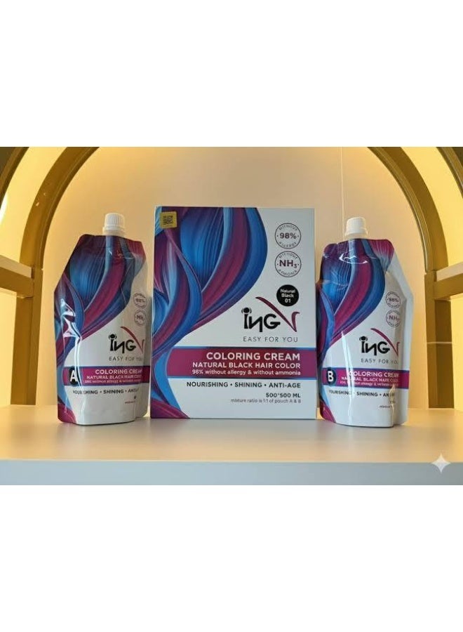 Milano Plus ING Natural Black Hair Color Cream with Keratin – Ammonia-Free Permanent Hair Dye | 500ml + 500ml Developer | 100% Grey Coverage | Long-Lasting Hair Color | For Men & Women - Image 1