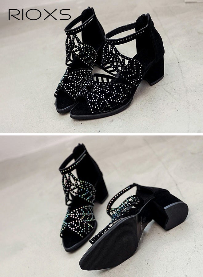 RIOXS Heeled Sandals for Women, Fashion Chunky Heel Sandals, Ladies Open Toe Shoes with Rhinestone Ankle Buckle, Women's Hollow Roman Sandals, Lightweight Comfy Heels, Evening Party Heeled Sandals, Vacation Fashion Sandals, Black Sandals - Image 3