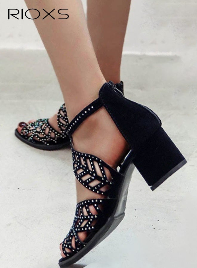 RIOXS Heeled Sandals for Women, Fashion Chunky Heel Sandals, Ladies Open Toe Shoes with Rhinestone Ankle Buckle, Women's Hollow Roman Sandals, Lightweight Comfy Heels, Evening Party Heeled Sandals, Vacation Fashion Sandals, Black Sandals - Image 4