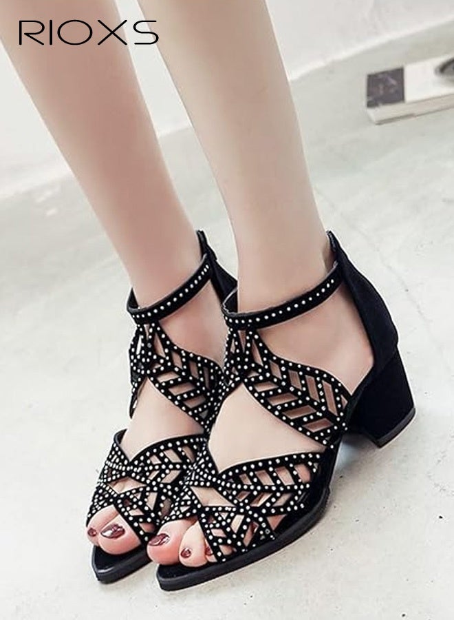 RIOXS Heeled Sandals for Women, Fashion Chunky Heel Sandals, Ladies Open Toe Shoes with Rhinestone Ankle Buckle, Women's Hollow Roman Sandals, Lightweight Comfy Heels, Evening Party Heeled Sandals, Vacation Fashion Sandals, Black Sandals - Image 5