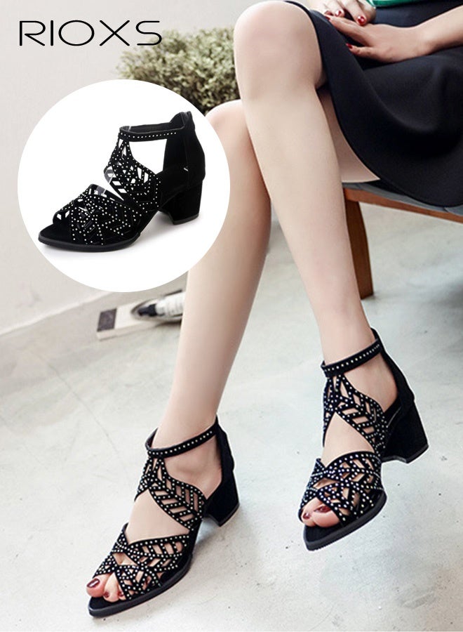 RIOXS Heeled Sandals for Women, Fashion Chunky Heel Sandals, Ladies Open Toe Shoes with Rhinestone Ankle Buckle, Women's Hollow Roman Sandals, Lightweight Comfy Heels, Evening Party Heeled Sandals, Vacation Fashion Sandals, Black Sandals - Image 1