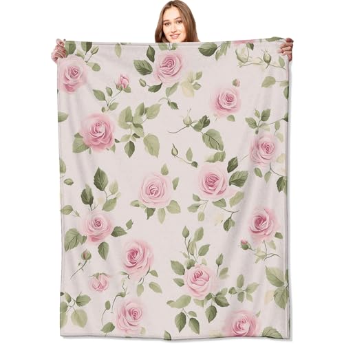 VODRM Floral Pink Rose Blanket Flower Throw Blankets with Green Leaves,Birthday Gifts for Women Girls,Lightweight Soft Fleece,for Sofa Couch Bed Room Spring Artistic Romantic Decor 50x60in - Image 1