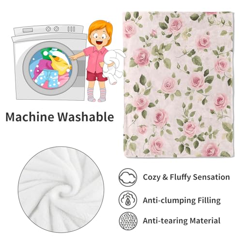 VODRM Floral Pink Rose Blanket Flower Throw Blankets with Green Leaves,Birthday Gifts for Women Girls,Lightweight Soft Fleece,for Sofa Couch Bed Room Spring Artistic Romantic Decor 50x60in - Image 4
