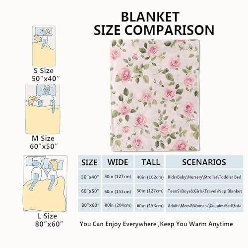 VODRM Floral Pink Rose Blanket Flower Throw Blankets with Green Leaves,Birthday Gifts for Women Girls,Lightweight Soft Fleece,for Sofa Couch Bed Room Spring Artistic Romantic Decor 50x60in - Image 3