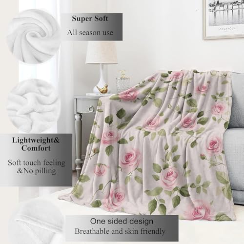 VODRM Floral Pink Rose Blanket Flower Throw Blankets with Green Leaves,Birthday Gifts for Women Girls,Lightweight Soft Fleece,for Sofa Couch Bed Room Spring Artistic Romantic Decor 50x60in - Image 2