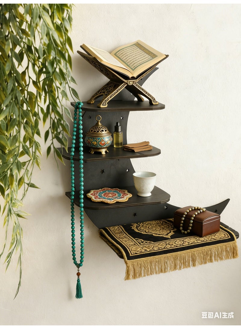 1pc Wooden Crescent Moon Shelf Islamic Style Wall Hanging Storage Rack Arabic Home Decor Display Shelf for Crystals Jewelry Candles Living Room Bedroom Home Styling - Image 1