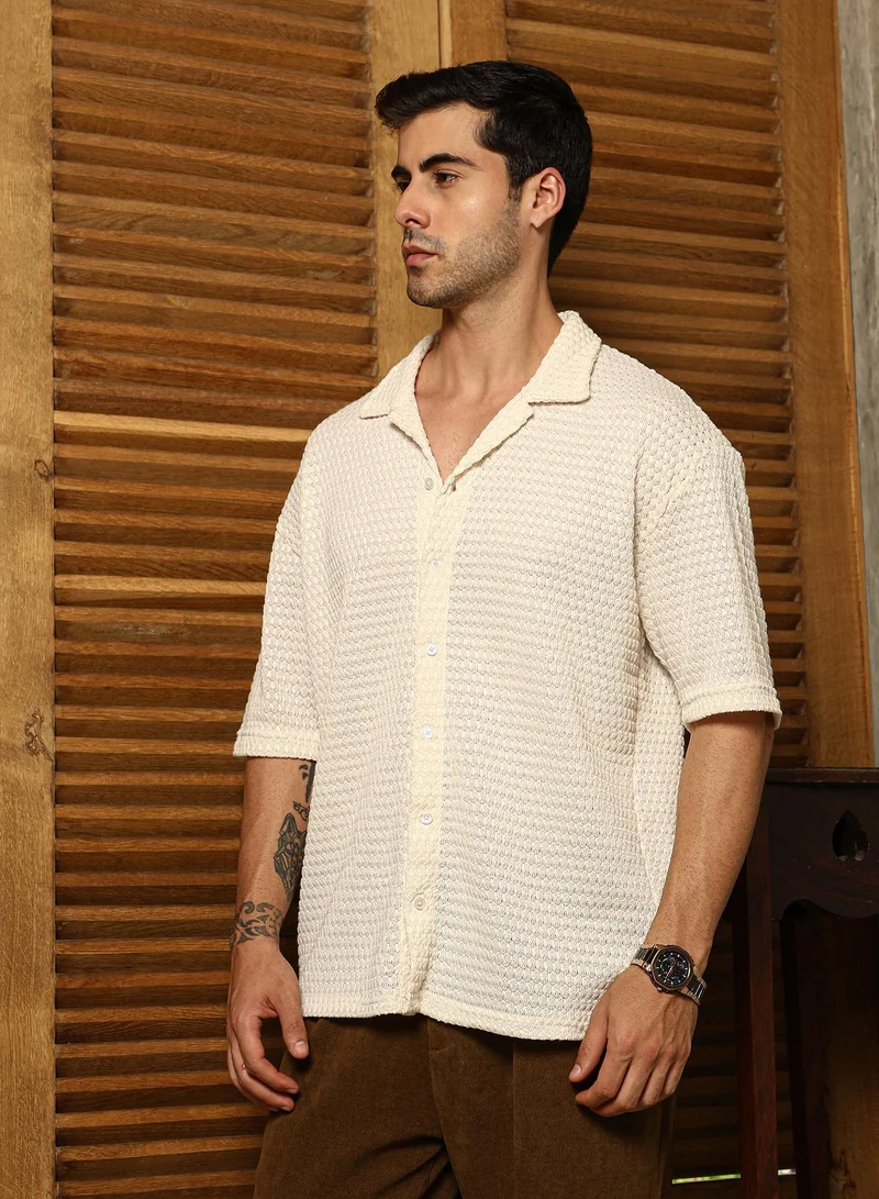 Campus Sutra Men's Daisy White Oval-Tactile Knit Shirt