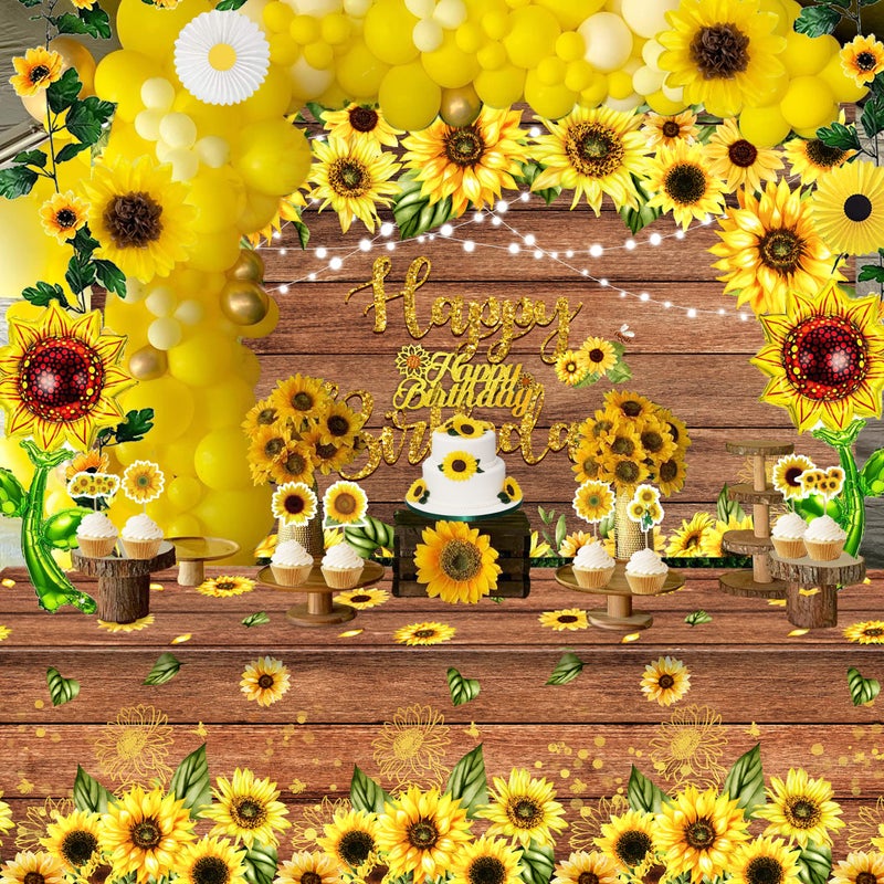 BORAMDO Sunflower Birthday Party Decoration Pack (including Backdrop, Tablecloth, Artificial Sunflowers and A Garland, Cake Topper, Balloon Garland Arch, Foil Balloon, Yellow Tissue Paper Flowers and Fans)â€¦ - Image 5