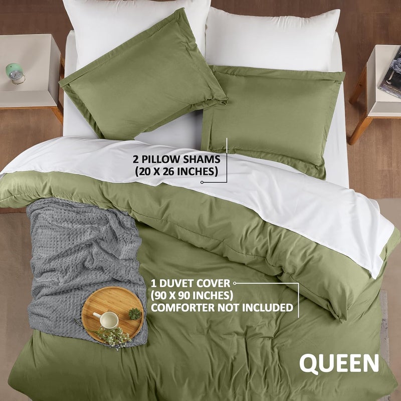 Utopia Bedding Queen Size Duvet Cover Set - Olive Green, 3 Pieces with Zipper Closure - Image 2