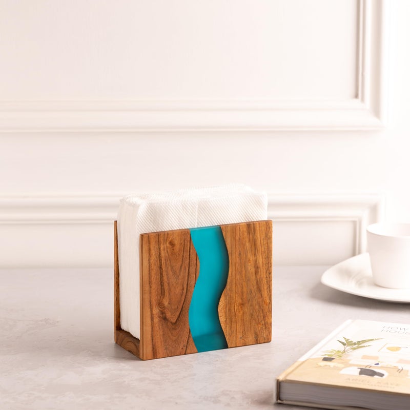 LAVAUK Acacia wood & Transparent Epoxy resin Napkin holder for table, Rustic farmhouse napkin organisation for kitchen, dining, counter tops, restaurant or outdoors | 6x5x2.5 inches| Turquoise - Image 3