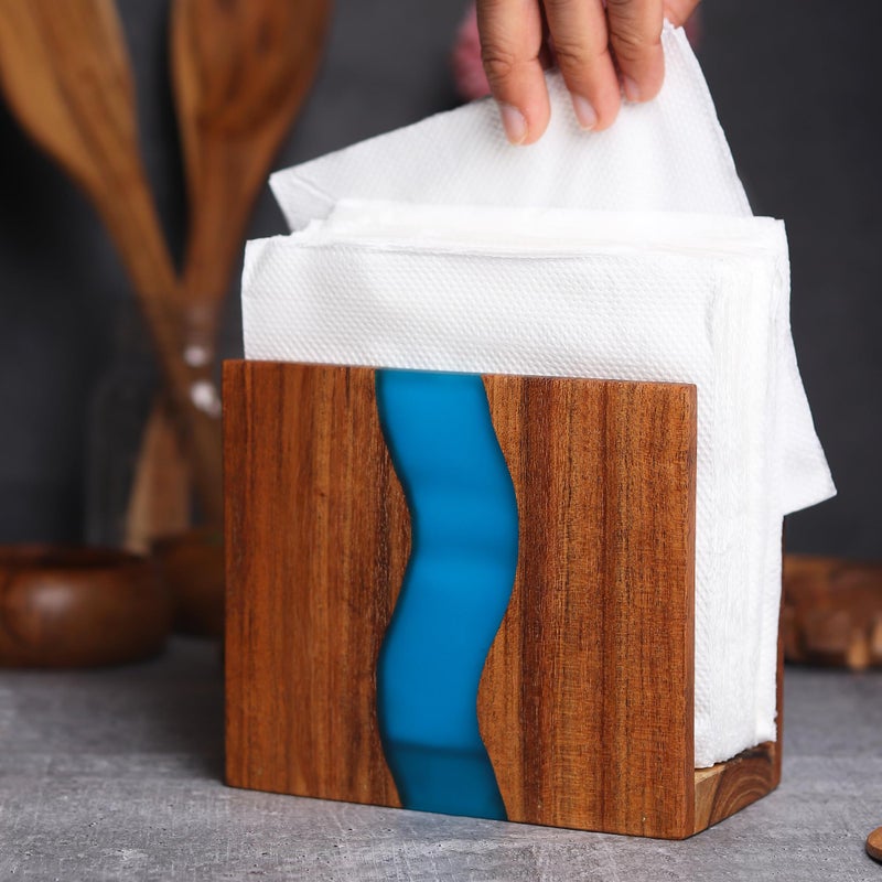 LAVAUK Acacia wood & Transparent Epoxy resin Napkin holder for table, Rustic farmhouse napkin organisation for kitchen, dining, counter tops, restaurant or outdoors | 6x5x2.5 inches| Turquoise - Image 5