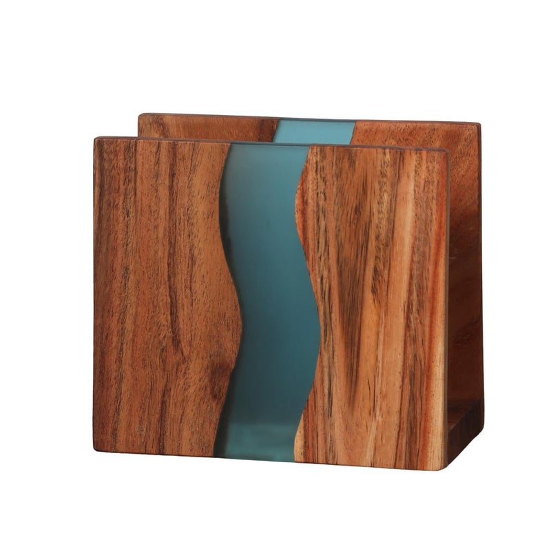 LAVAUK Acacia wood & Transparent Epoxy resin Napkin holder for table, Rustic farmhouse napkin organisation for kitchen, dining, counter tops, restaurant or outdoors | 6x5x2.5 inches| Turquoise - Image 1