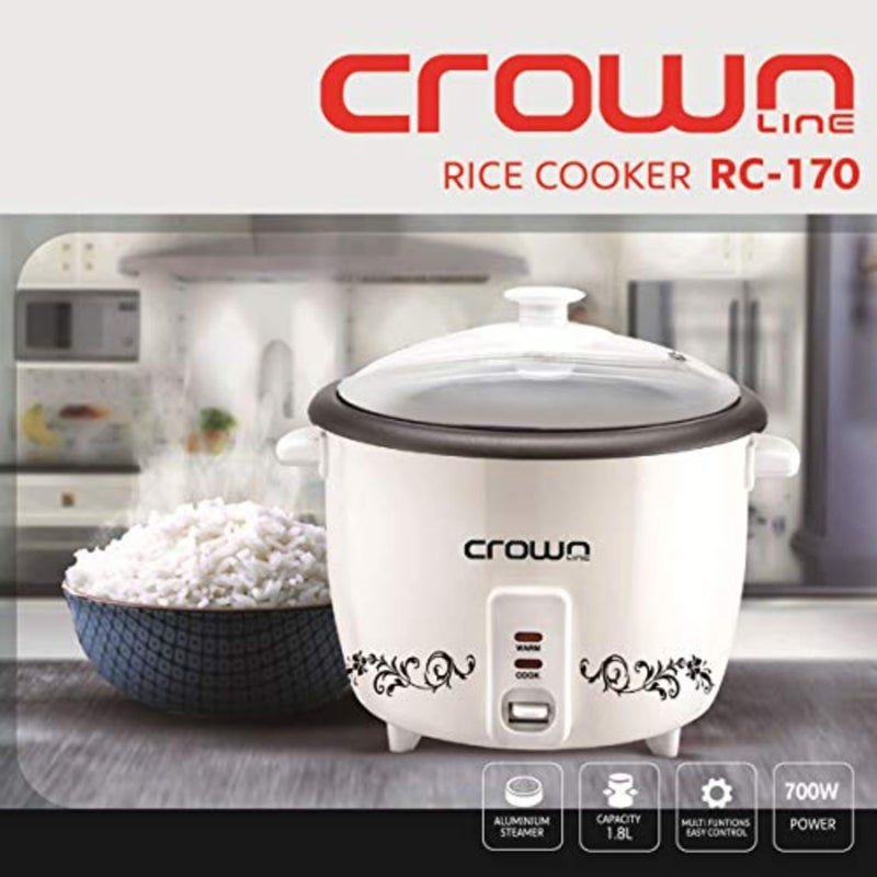 RC-170 Rice Cooker with Steamer for home kitchen use, aluminum body with non-stick coated pan, white color, 1.8L capacity and 700W fast cooking - Image 5