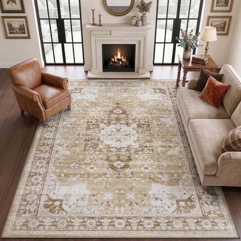 DEXI Area Rug for Living Room, 240x300 cm Washable Vintage Farmhouse Thin Rug Indoor Floor, Non Slip Stain Resistant Low Pile Big Carpet for Dining Room Bedroom Office, Beige - Image 1