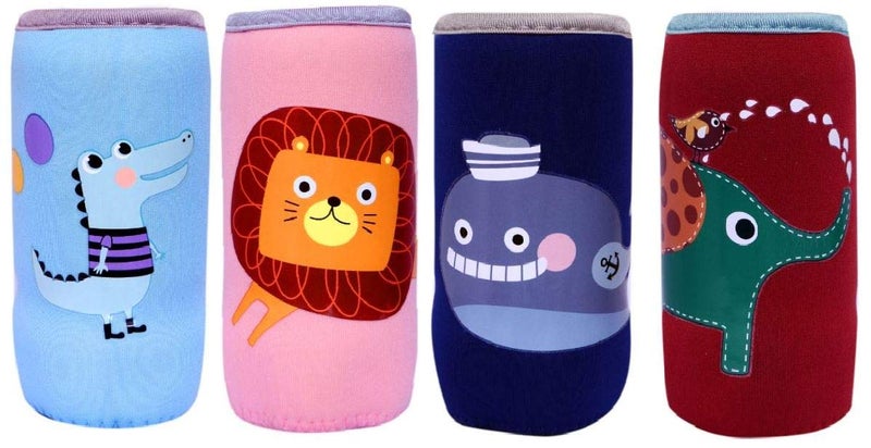 Alya The Cheeky Kidzz Stretchable Soft Reusable Baby Bottle Cover Sleeve Animal Printed with Holding Strap Suitable for 120ml 150ml 220ml 240ml Feeding Milk (Pack of 4) - Image 1