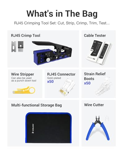 VCELINK RJ45 Crimp Tool Kit for CAT76A65E5 Upgraded Network Tool Set with an Ethernet Crimper 50 RJ45 Connectors Boots Cable Tester Wire Stripper and Cutter in a Cloth Bag Blue - Image 3