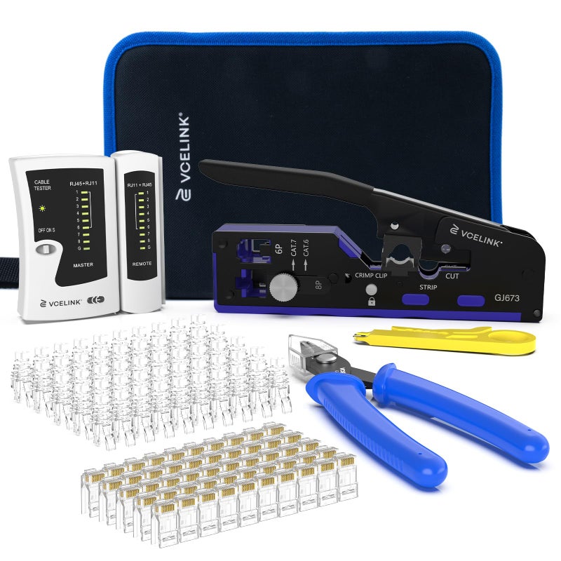VCELINK RJ45 Crimp Tool Kit for CAT76A65E5 Upgraded Network Tool Set with an Ethernet Crimper 50 RJ45 Connectors Boots Cable Tester Wire Stripper and Cutter in a Cloth Bag Blue - Image 2