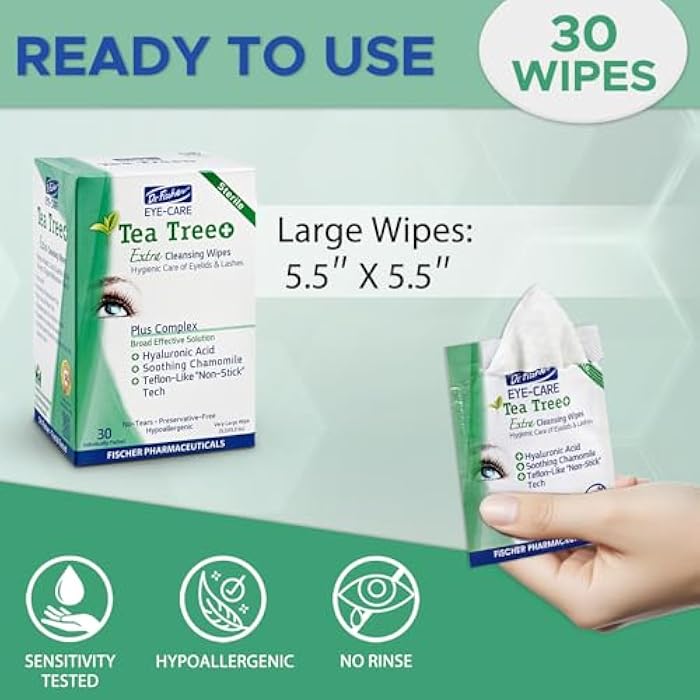Dr. Fischer Tea Tree Oil Eye Wipes - Eyelid Wipes for Sensitive Eyes with Hyaluronic Acid and Chamomile, Makeup Remover, Daily Cleanser (60 wipes) - Image 5