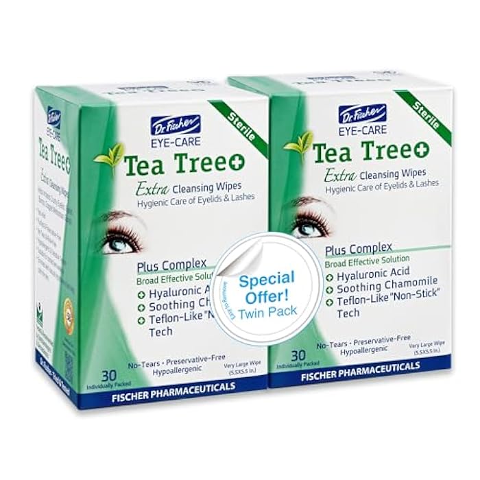 Dr. Fischer Tea Tree Oil Eye Wipes - Eyelid Wipes for Sensitive Eyes with Hyaluronic Acid and Chamomile, Makeup Remover, Daily Cleanser (60 wipes) - Image 1