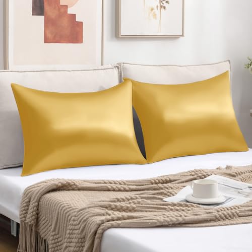 Mimkus Satin Pillowcases Standard Set of 2 - Silk Soft Pillow Cases for Hair and Skin 20x26 inches,Gold Satin Pillow Covers 2 Pack with Envelope Closure for Home,School, Hotel - Image 5