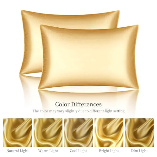 Mimkus Satin Pillowcases Standard Set of 2 - Silk Soft Pillow Cases for Hair and Skin 20x26 inches,Gold Satin Pillow Covers 2 Pack with Envelope Closure for Home,School, Hotel - Image 2