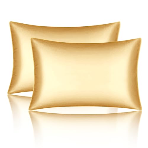 Mimkus Satin Pillowcases Standard Set of 2 - Silk Soft Pillow Cases for Hair and Skin 20x26 inches,Gold Satin Pillow Covers 2 Pack with Envelope Closure for Home,School, Hotel - Image 1
